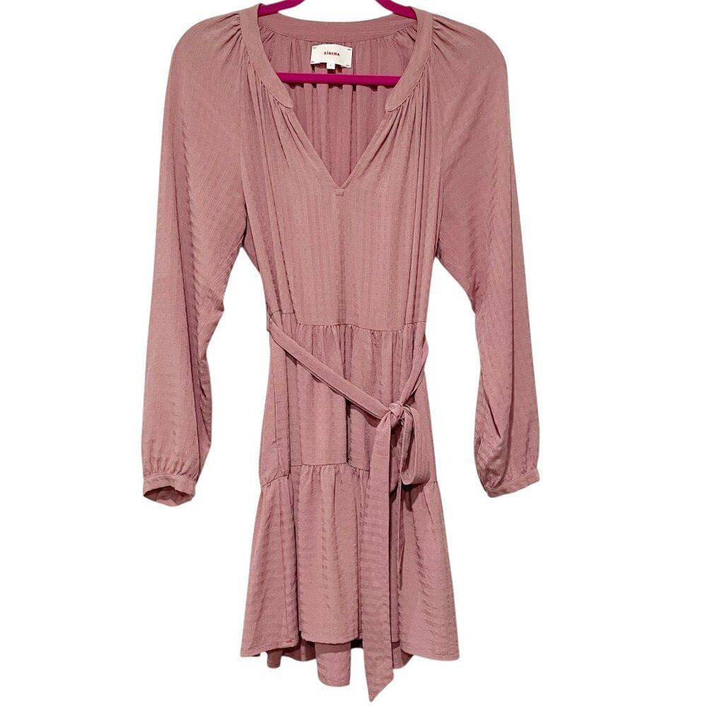 XiRENA Dusty Pink Balloon Sleeve Tiered Dress Romantic Boho S